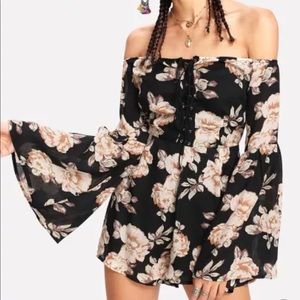 Eyelet lace up off shoulder floral romper